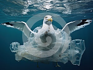 Ai Generated illustration Wildlife Concept of Gull Trapped In Plastic