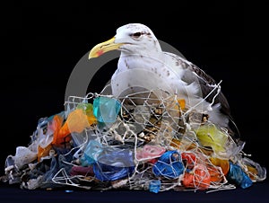 Ai Generated illustration Wildlife Concept of Gull Trapped In Plastic