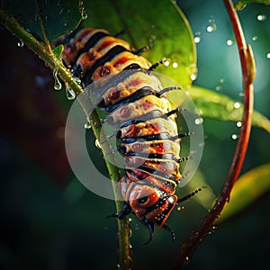 Ai Generated illustration Wildlife Concept of Hanging monarch caterpillar