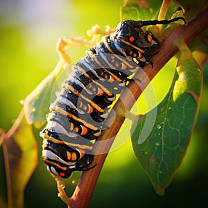 Ai Generated illustration Wildlife Concept of Hanging monarch caterpillar