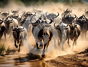 Ai Generated illustration Wildlife Concept of Herd of wildebeest migrating in Serengeti