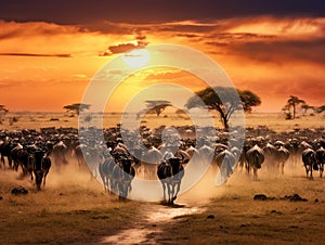 Ai Generated illustration Wildlife Concept of Herd of wildebeest migrating in Serengeti