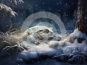 Ai Generated illustration Wildlife Concept of Hibernation. Frozen Frog in its Winter habitat