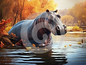 Ai Generated illustration Wildlife Concept of Hippo s (Hippopotamus amphibius)