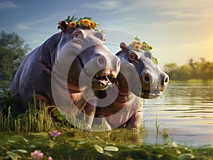 Ai Generated illustration Wildlife Concept of Hippos