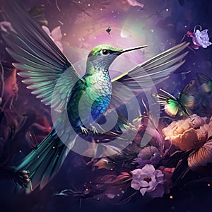 Ai Generated illustration Wildlife Concept of Hummingbird flight. Green Violet-ear flock shine birds