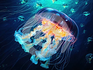 Ai Generated illustration Wildlife Concept of Jelly Fish in Blue Water
