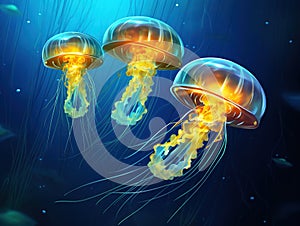 Ai Generated illustration Wildlife Concept of Jelly Fish in Blue Water