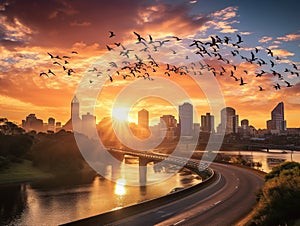 Ai Generated illustration Wildlife Concept of Johannesburg sunrise skyline South Africa