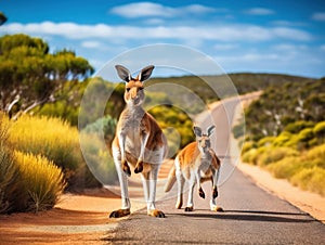 Ai Generated illustration Wildlife Concept of Kangaroos crossing