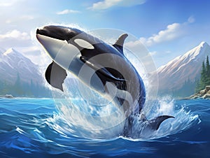 Ai Generated illustration Wildlife Concept of Killer whale breaching