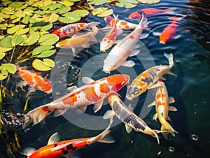 Ai Generated illustration Wildlife Concept of Koi fish in pond colorful natural background