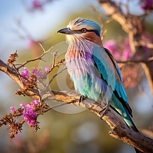 Ai Generated illustration Wildlife Concept of Lilac Breasted Roller Perched