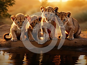 Ai Generated illustration Wildlife Concept of Lion cubs drinking water