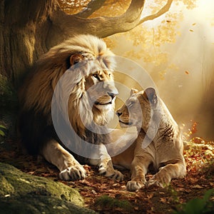 Ai Generated illustration Wildlife Concept of Lioness and Lion