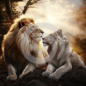 Ai Generated illustration Wildlife Concept of Lioness and Lion