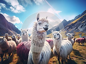 Ai Generated illustration Wildlife Concept of Llamas in Andes Mountains Peru