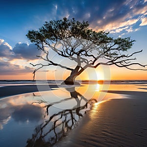 Ai Generated illustration Wildlife Concept of Lone Tree in Atlantic Ocean Charleston