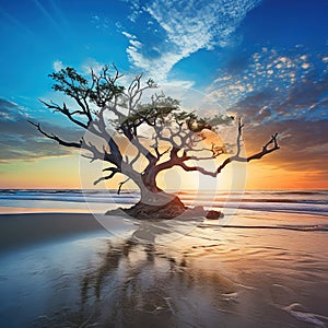 Ai Generated illustration Wildlife Concept of Lone Tree in Atlantic Ocean Charleston