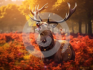 Ai Generated illustration Wildlife Concept of Majestic Stag braying Wild Red Deer