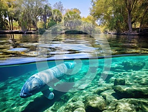 Ai Generated illustration Wildlife Concept of Manatee Surfacing for Air