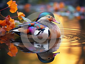 Ai Generated illustration Wildlife Concept of Mandarin duck floating and calm on the water