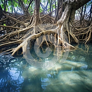 Ai Generated illustration Wildlife Concept of Mangrove tree roots in jungle