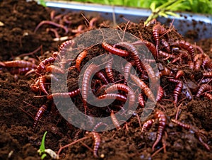 Ai Generated illustration Wildlife Concept of Many red worms in dirt