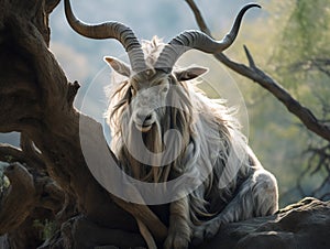 Ai Generated illustration Wildlife Concept of Markhor Goat with Twisted Horns