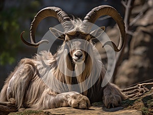 Ai Generated illustration Wildlife Concept of Markhor Goat with Twisted Horns