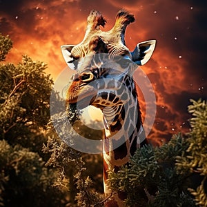 Ai Generated illustration Wildlife Concept of Masai Giraffe Eating Acacia Leaves