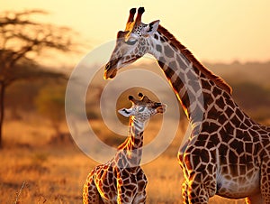 Ai Generated illustration Wildlife Concept of Mom giraffe kiss her