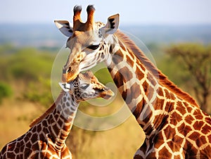 Ai Generated illustration Wildlife Concept of Mom giraffe kiss her