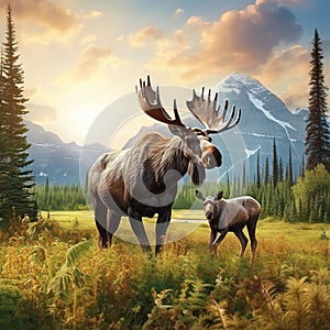 Ai Generated illustration Wildlife Concept of Moose in Canadian Rockies