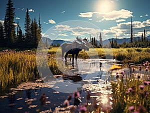 Ai Generated illustration Wildlife Concept of Moose cow on meadow