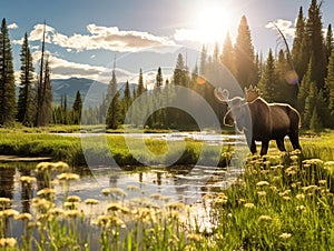 Ai Generated illustration Wildlife Concept of Moose cow on meadow