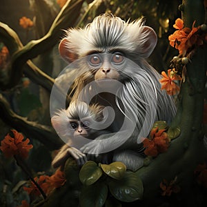 Ai Generated illustration Wildlife Concept of motherhood of Dusky leaf monkey Dusky langur in southern of thailand