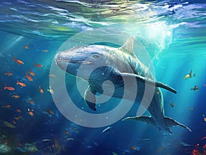 Ai Generated illustration Wildlife Concept of Narwhal Monodon monoceros swimming in the ocean water