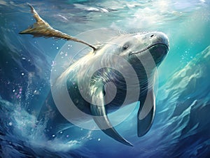 Ai Generated illustration Wildlife Concept of Narwhal Monodon monoceros swimming in the ocean water