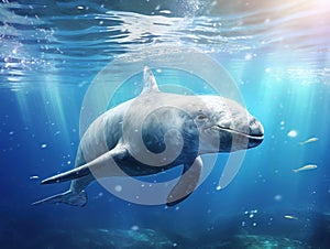 Ai Generated illustration Wildlife Concept of Narwhal Monodon monoceros swimming in the ocean water