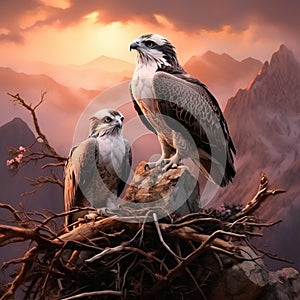 Ai Generated illustration Wildlife Concept of Osprey Pair In Nest