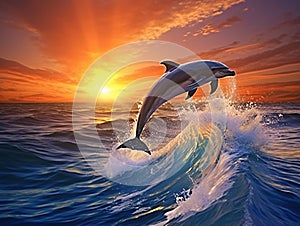 Ai Generated illustration Wildlife Concept of Pack of jumping dolphins
