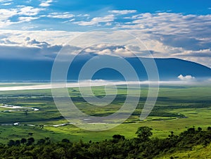 Ai Generated illustration Wildlife Concept of Panorama from Ngorongoro Crater Tanzania East Africa