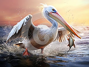 Ai Generated illustration Wildlife Concept of The pelican swallows a fish