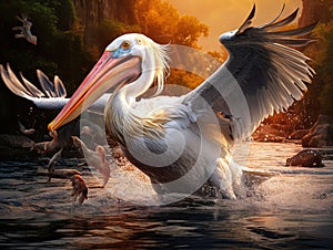 Ai Generated illustration Wildlife Concept of The pelican swallows a fish