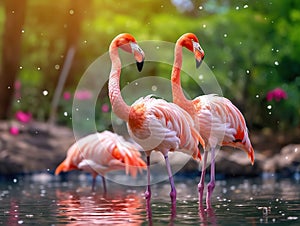 Ai Generated illustration Wildlife Concept of Pink flamingo in wildlife park