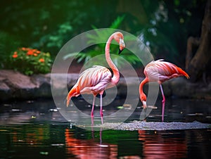 Ai Generated illustration Wildlife Concept of Pink flamingo in wildlife park