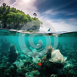 Ai Generated illustration Wildlife Concept of Plastic Bags and Garbage in Tropical Pacific Ocean