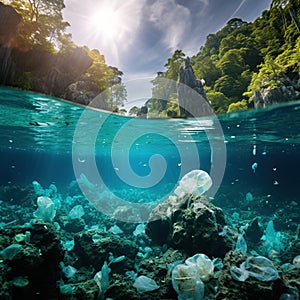 Ai Generated illustration Wildlife Concept of Plastic Bags and Garbage in Tropical Pacific Ocean