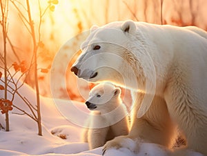 Ai Generated illustration Wildlife Concept of Polar bear sow and cub